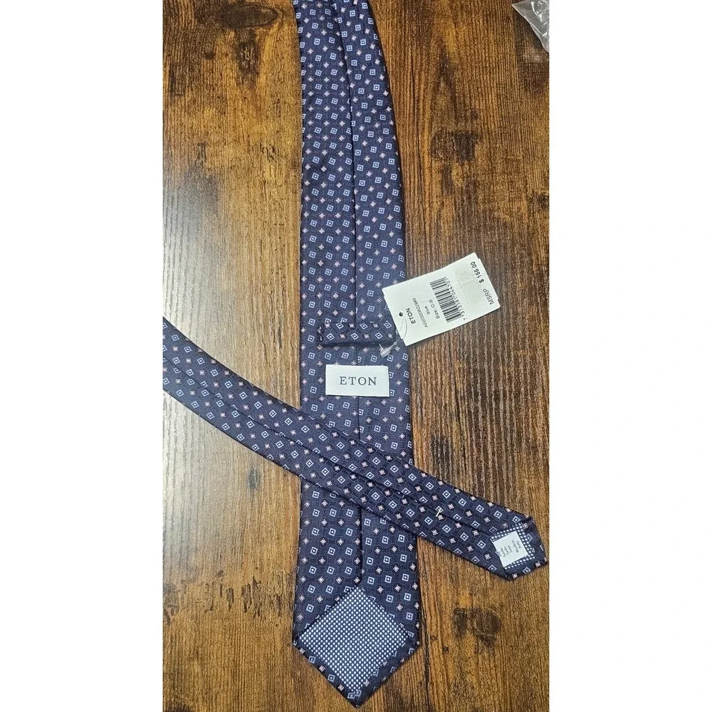 ETON MEN'S 100% Silk Neck Tie Navy Blue Geometric Pink Luxury NWT